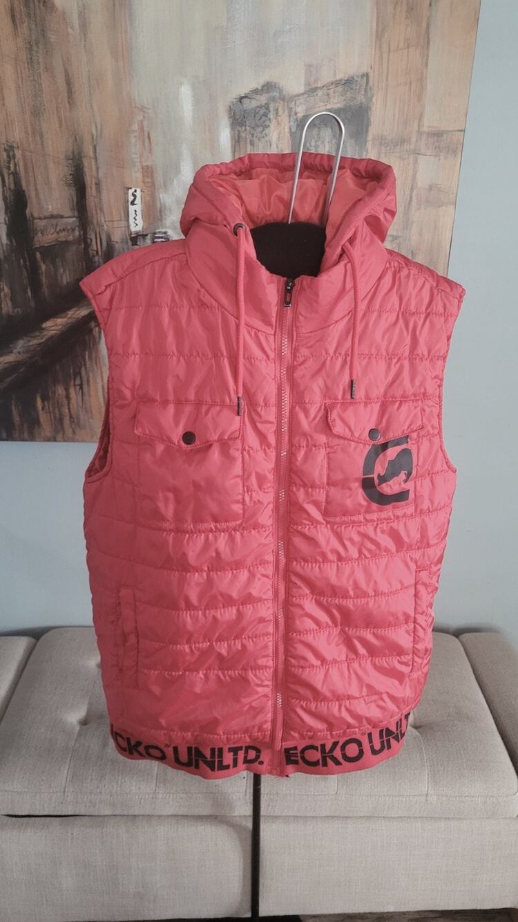 Ecko Unltd Red Hooded Puffer Vest Men's Size L Full Zip Quilted Logo